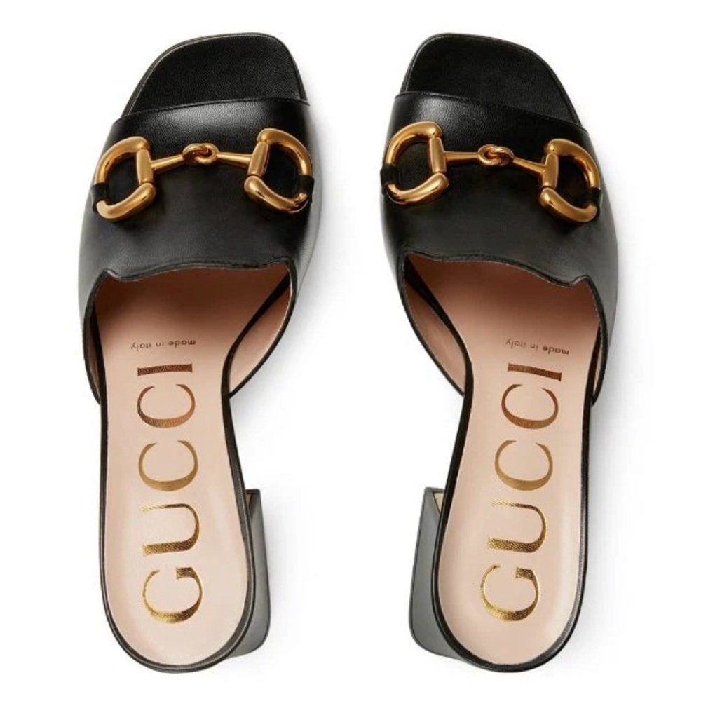 New 👡Gucci Block Heel Mule Sandal - Nero Black & Gold Leather, 7.5 - Picture 2 of 12
